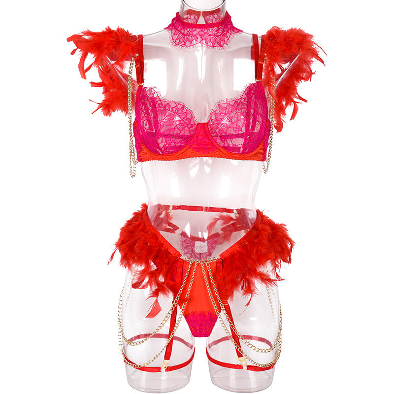 Elegant Sheer Lace Bra Set with Colorful Feather Accents