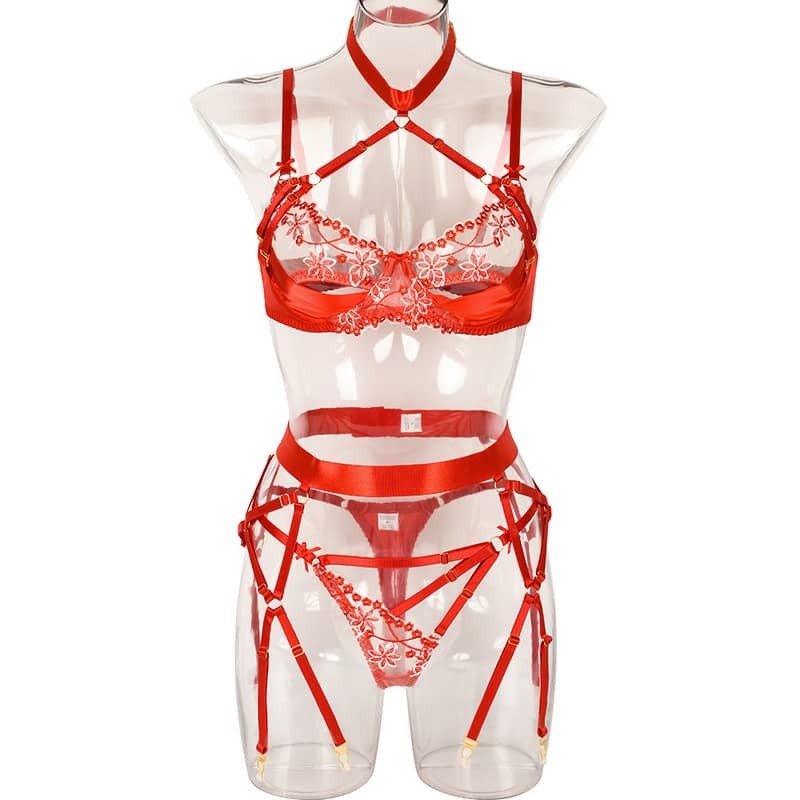 Halter Cutout Satin Panel Garter Belt Set