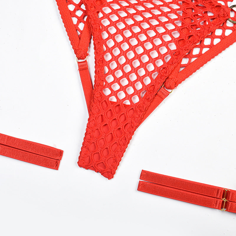 Mesh Cutout Bra, Panty Set with Open Crotch