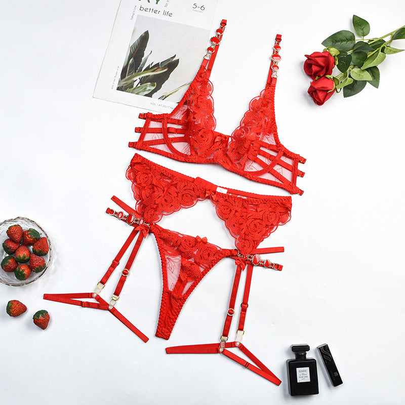 Radiant Gemstone Mesh Bra, Panty Set with Garter