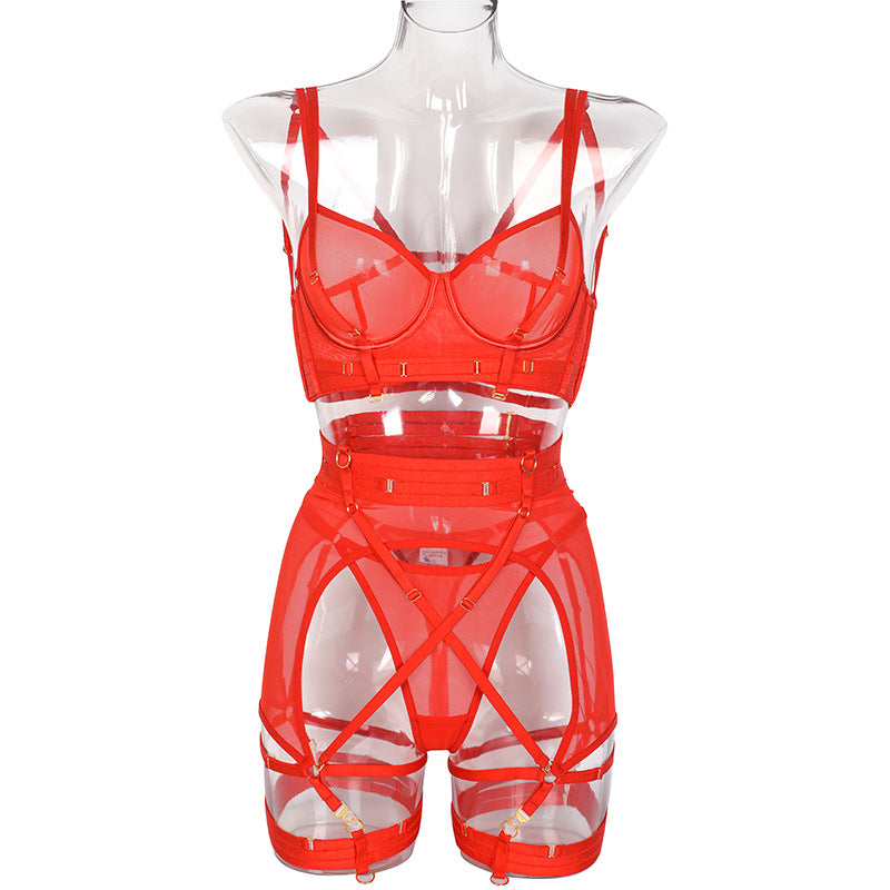 Solid Color Mesh Bra Set with Multi-Adjustable Straps