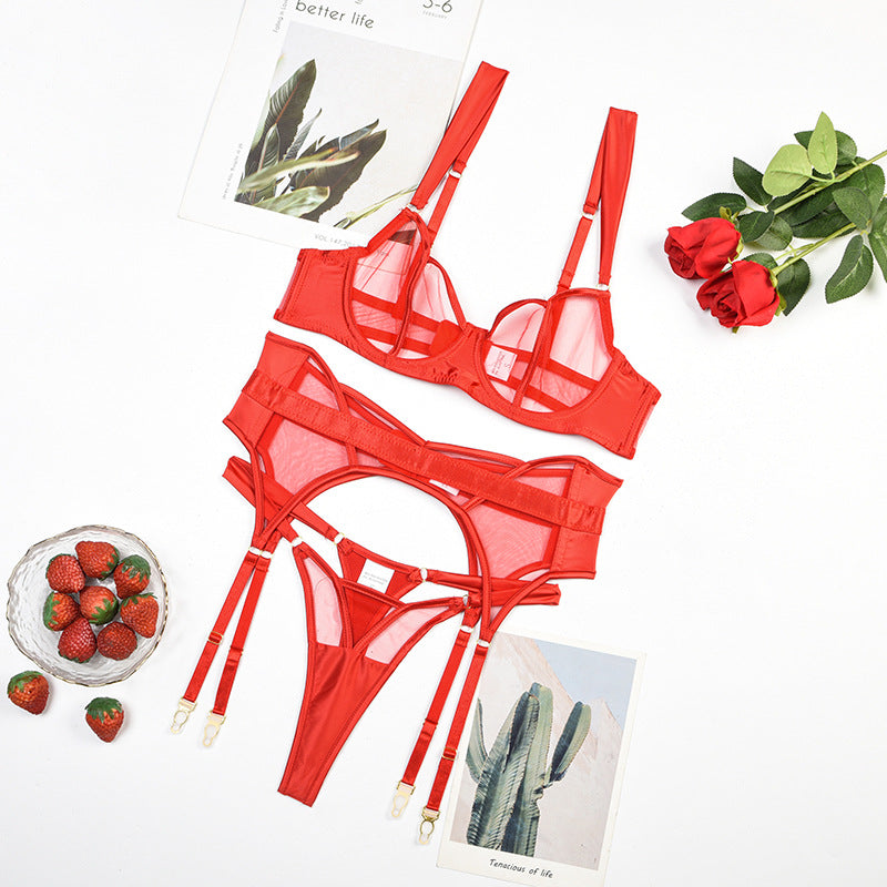 Temptation Mesh Bra, Panty Set with Garter
