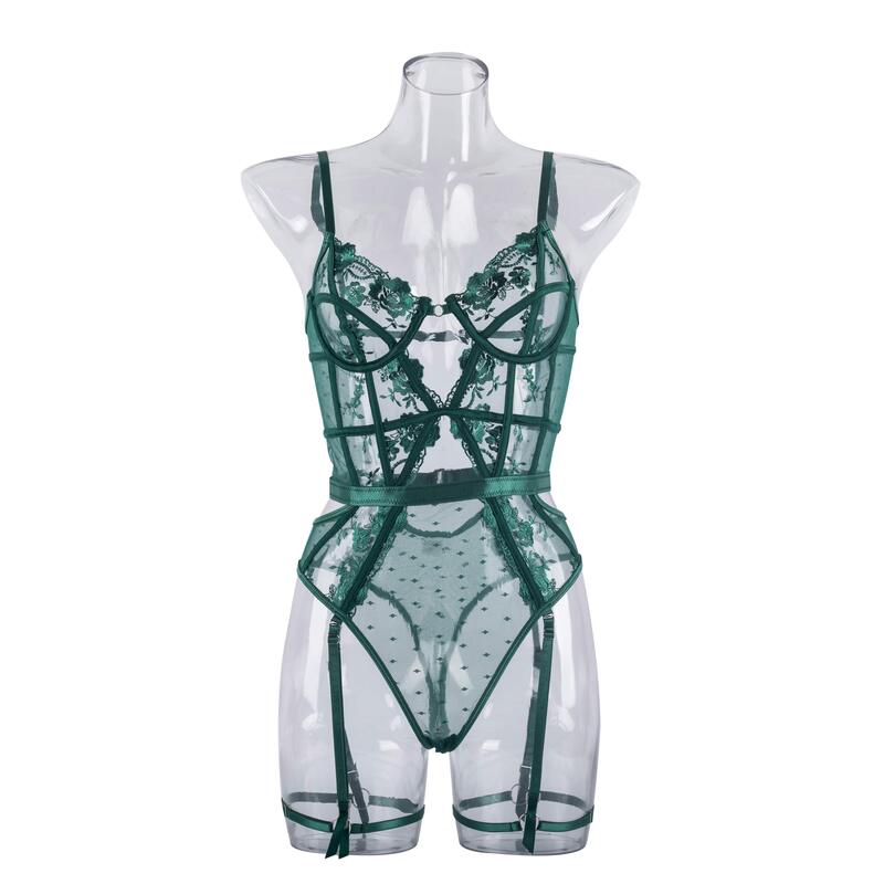Embroidered Sheer Mesh Bodysuit with Open Back