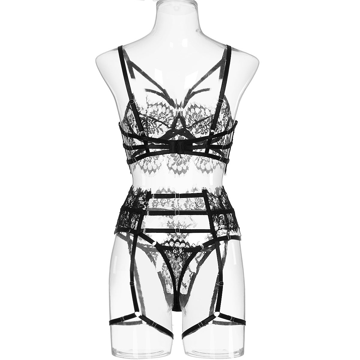 Sexy Lacey Transparent Cutout Bra Set with Garter