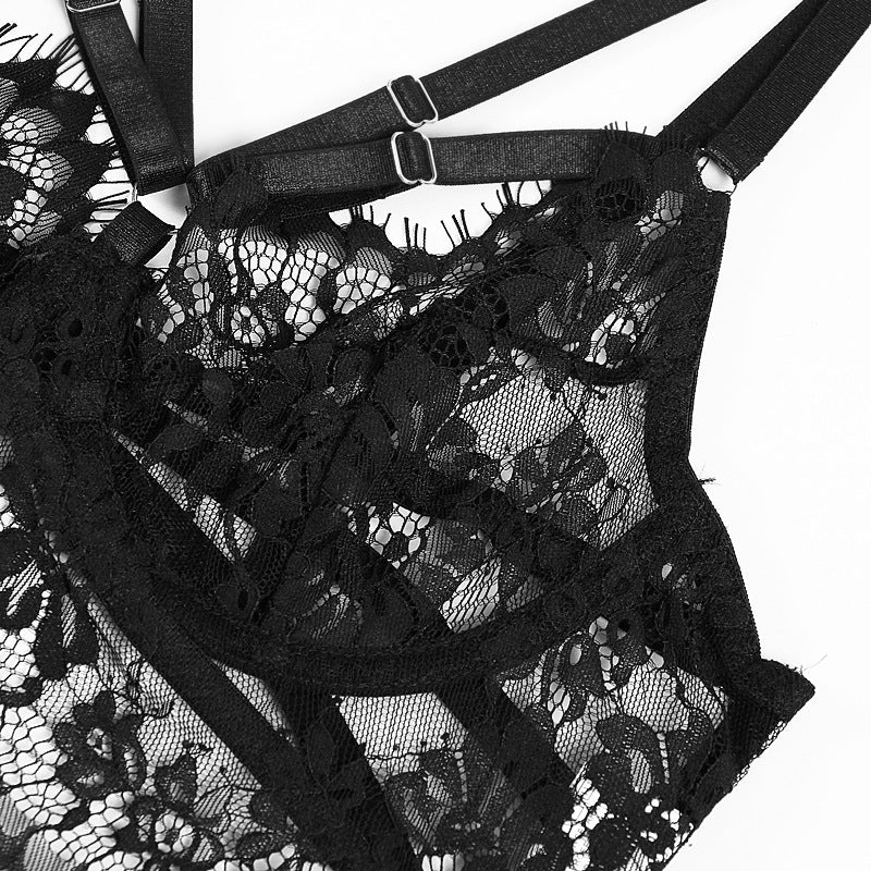 Sexy Lacey Transparent Cutout Bra Set with Garter