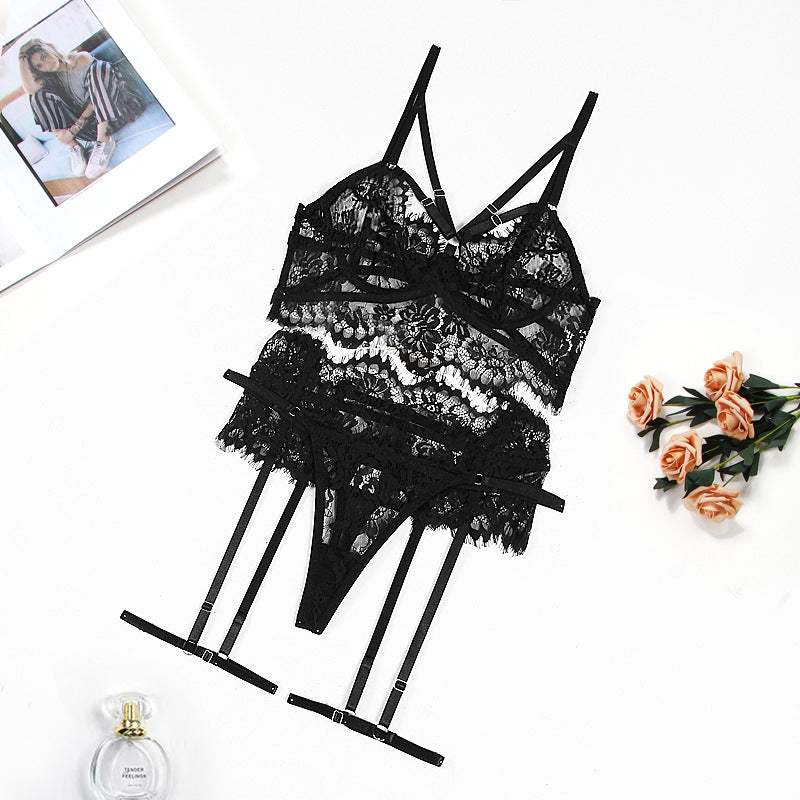 Sexy Lacey Transparent Cutout Bra Set with Garter