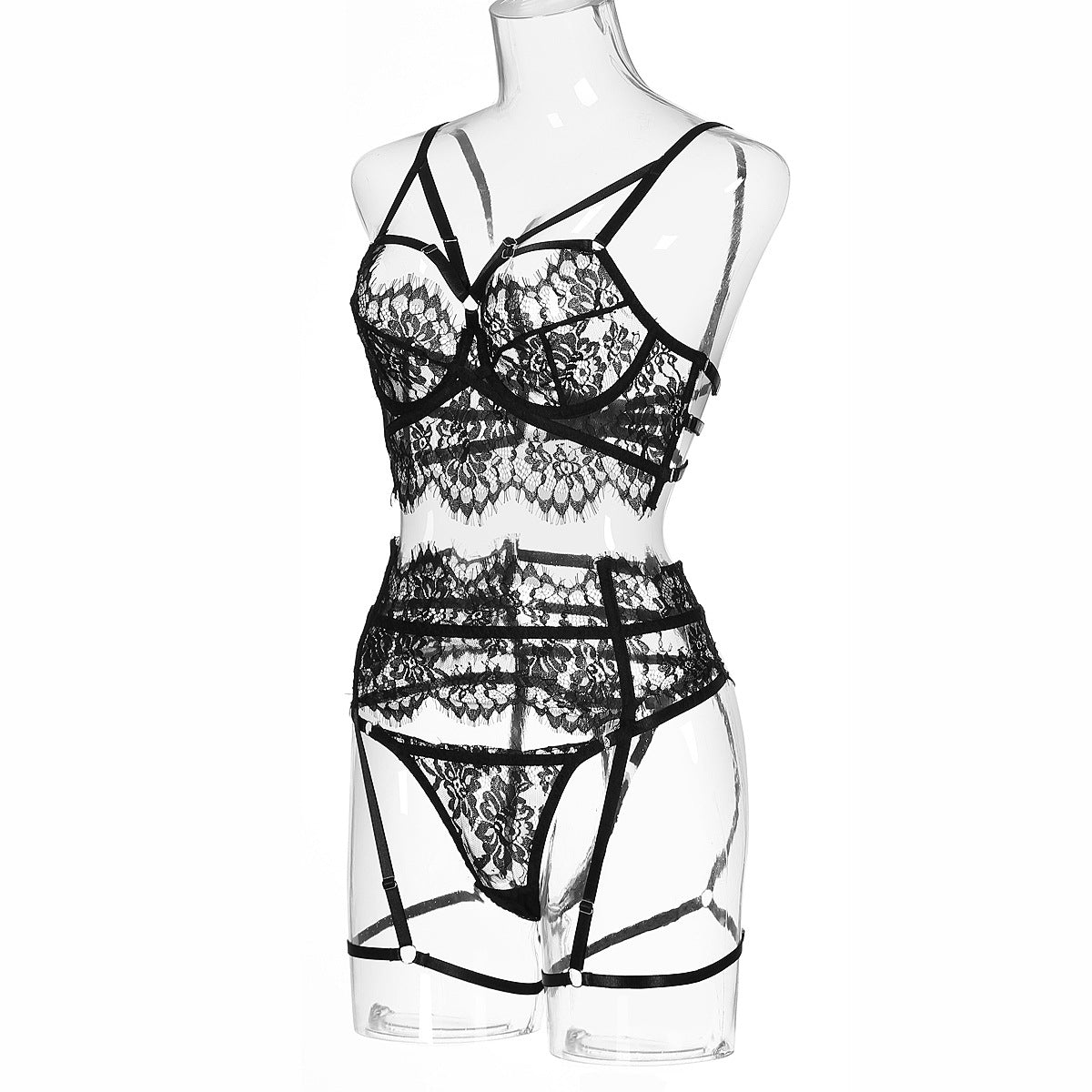 Sexy Lacey Transparent Cutout Bra Set with Garter
