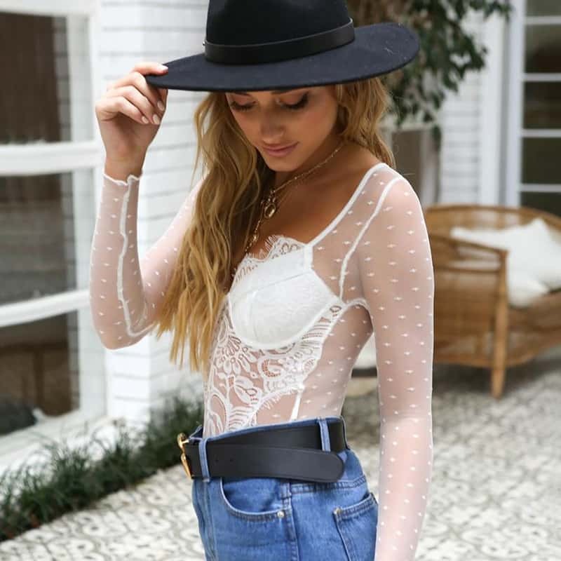 Sexy Mesh See-through Long-sleeved Bodysuit