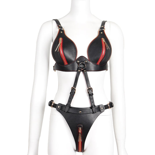 Sexy Bondage Underwear Set with Metal Zipper Black