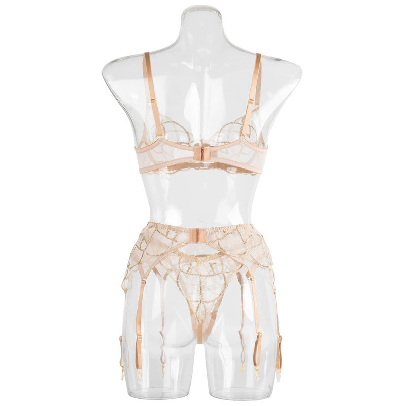 Sheer Mesh Beige Bra Set with Embroidered Detailing