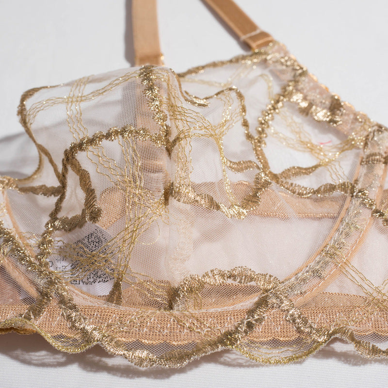 Sheer Mesh Beige Bra Set with Embroidered Detailing