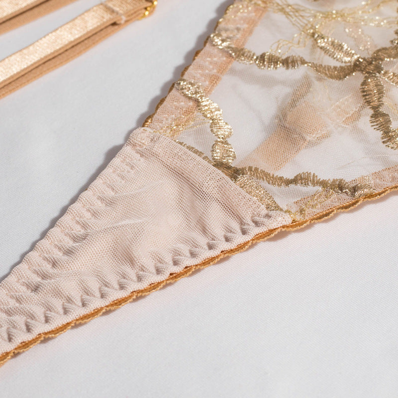 Sheer Mesh Beige Bra Set with Embroidered Detailing