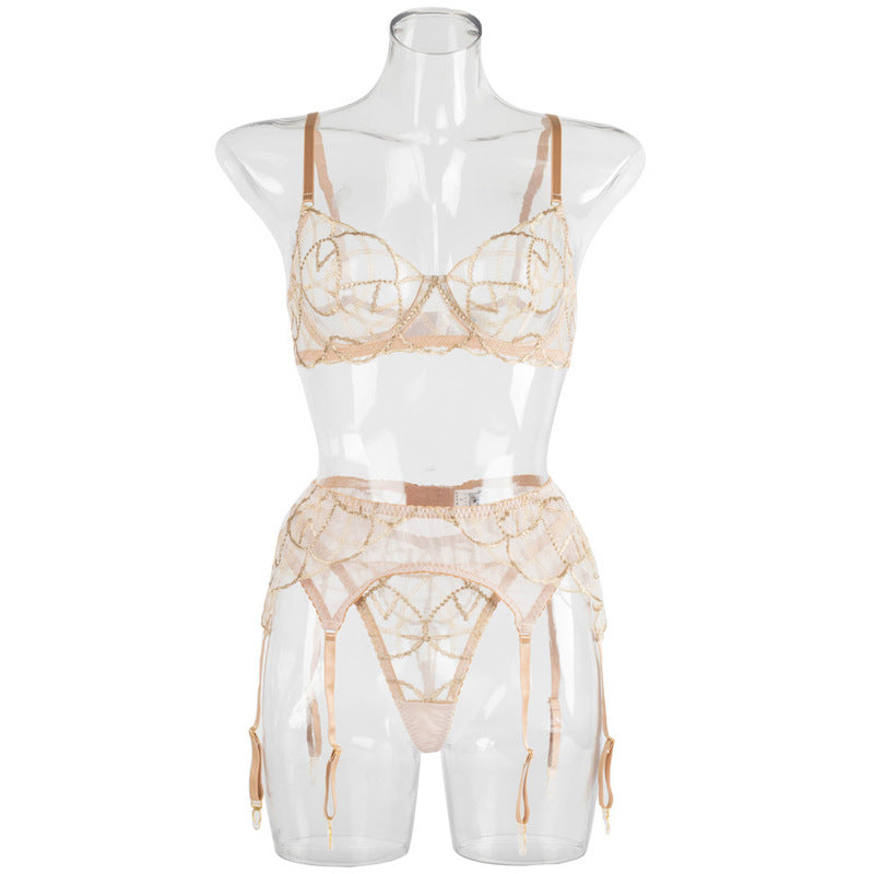Sheer Mesh Beige Bra Set with Embroidered Detailing