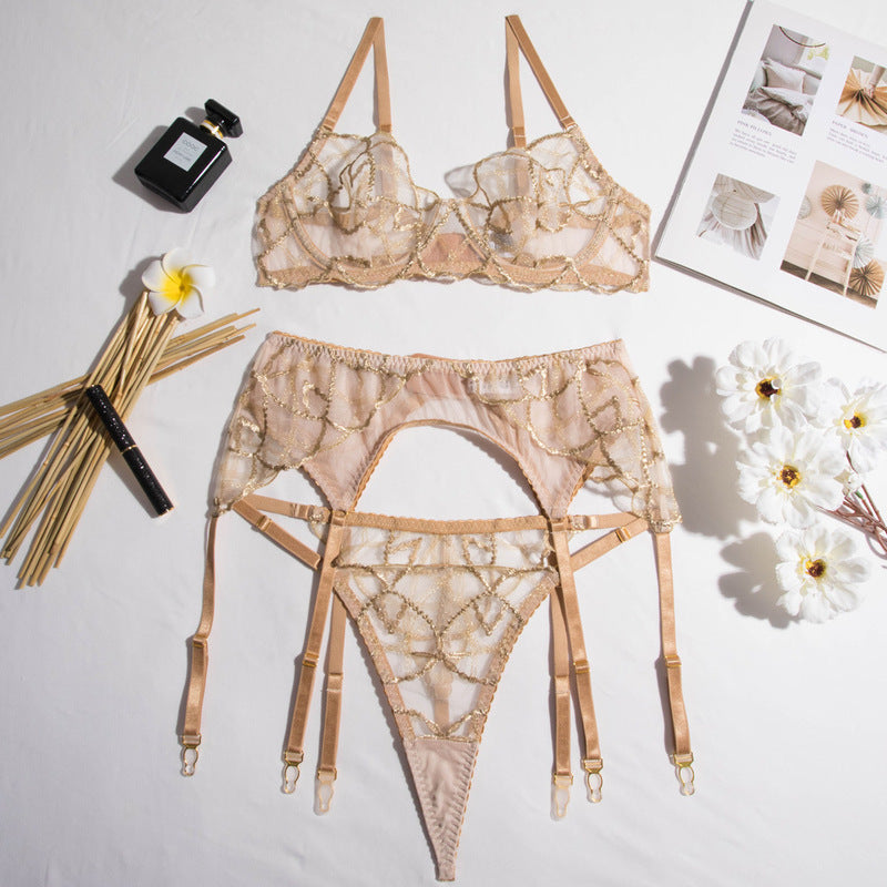 Sheer Mesh Beige Bra Set with Embroidered Detailing