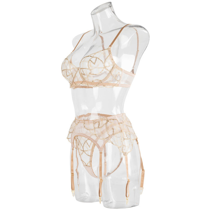 Sheer Mesh Beige Bra Set with Embroidered Detailing
