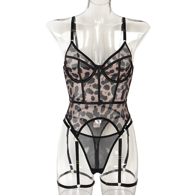 Sheer Mesh Leopard Print Sexy Bustier Set