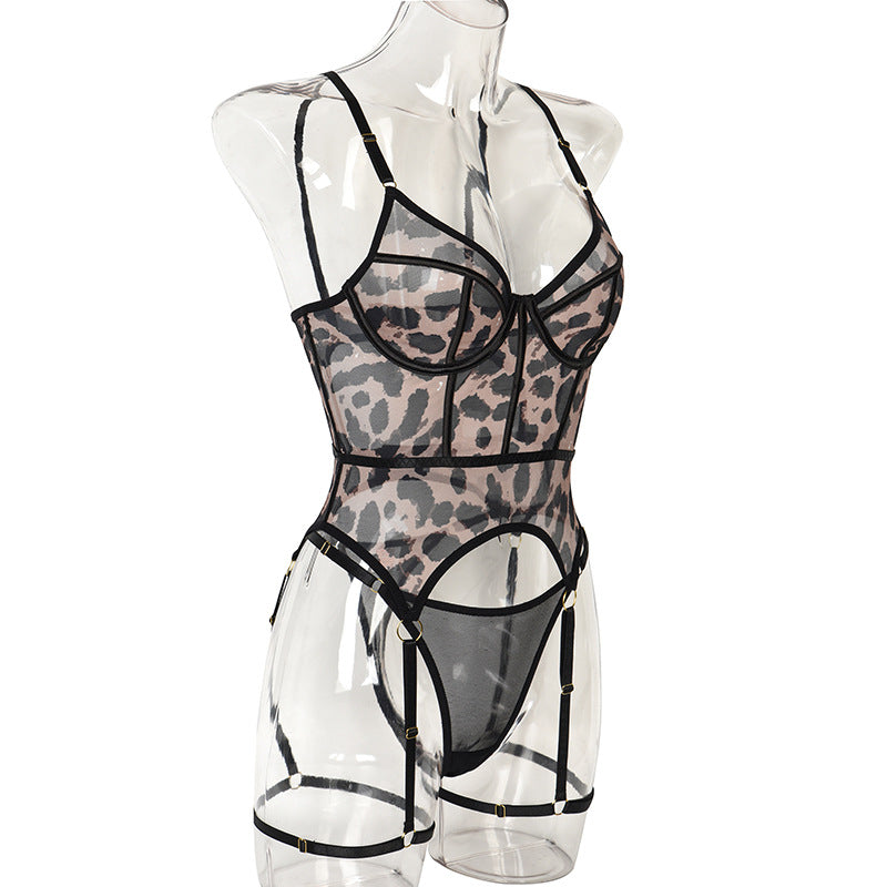 Sheer Mesh Leopard Print Sexy Bustier Set