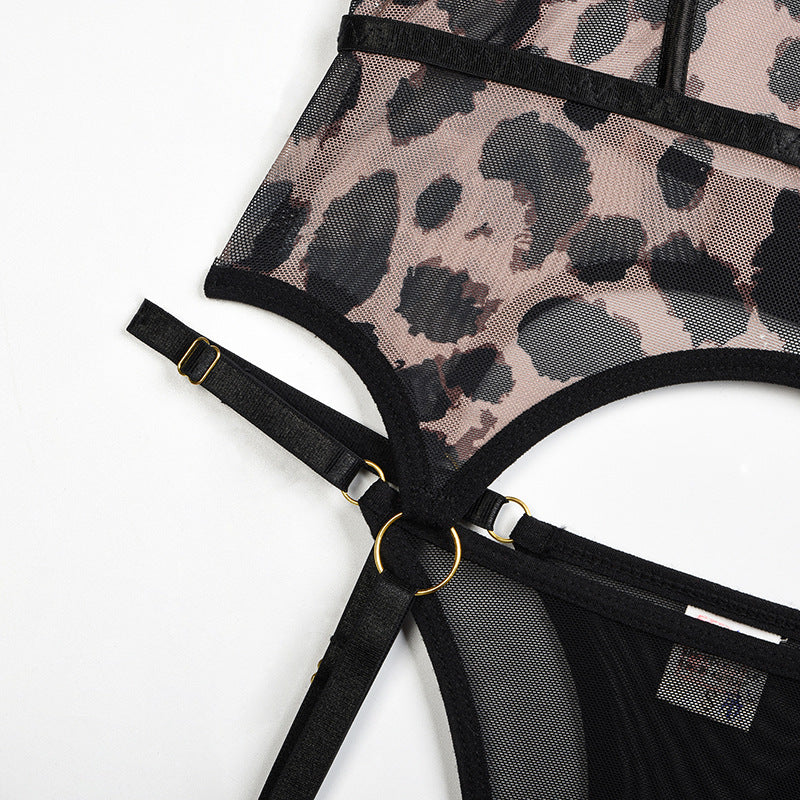 Sheer Mesh Leopard Print Sexy Bustier Set