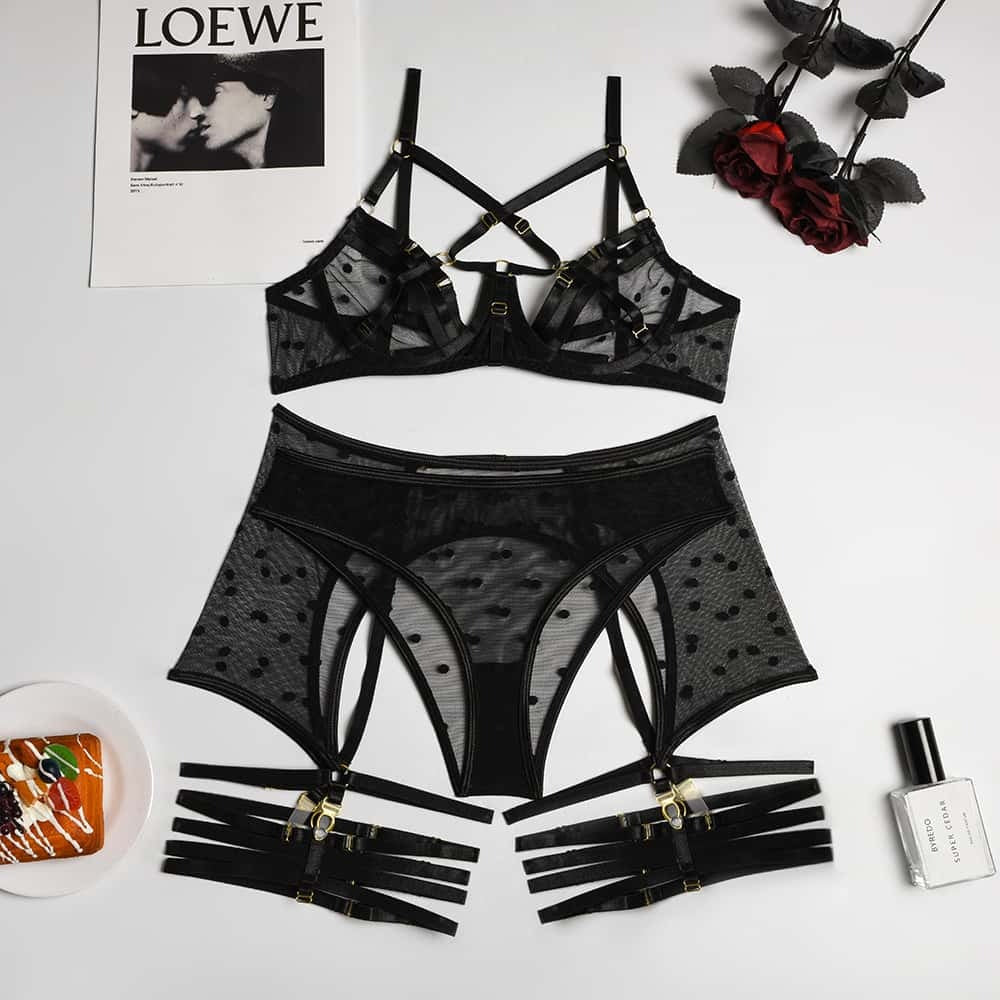 Sheer Mesh Polka Dot Bra Set