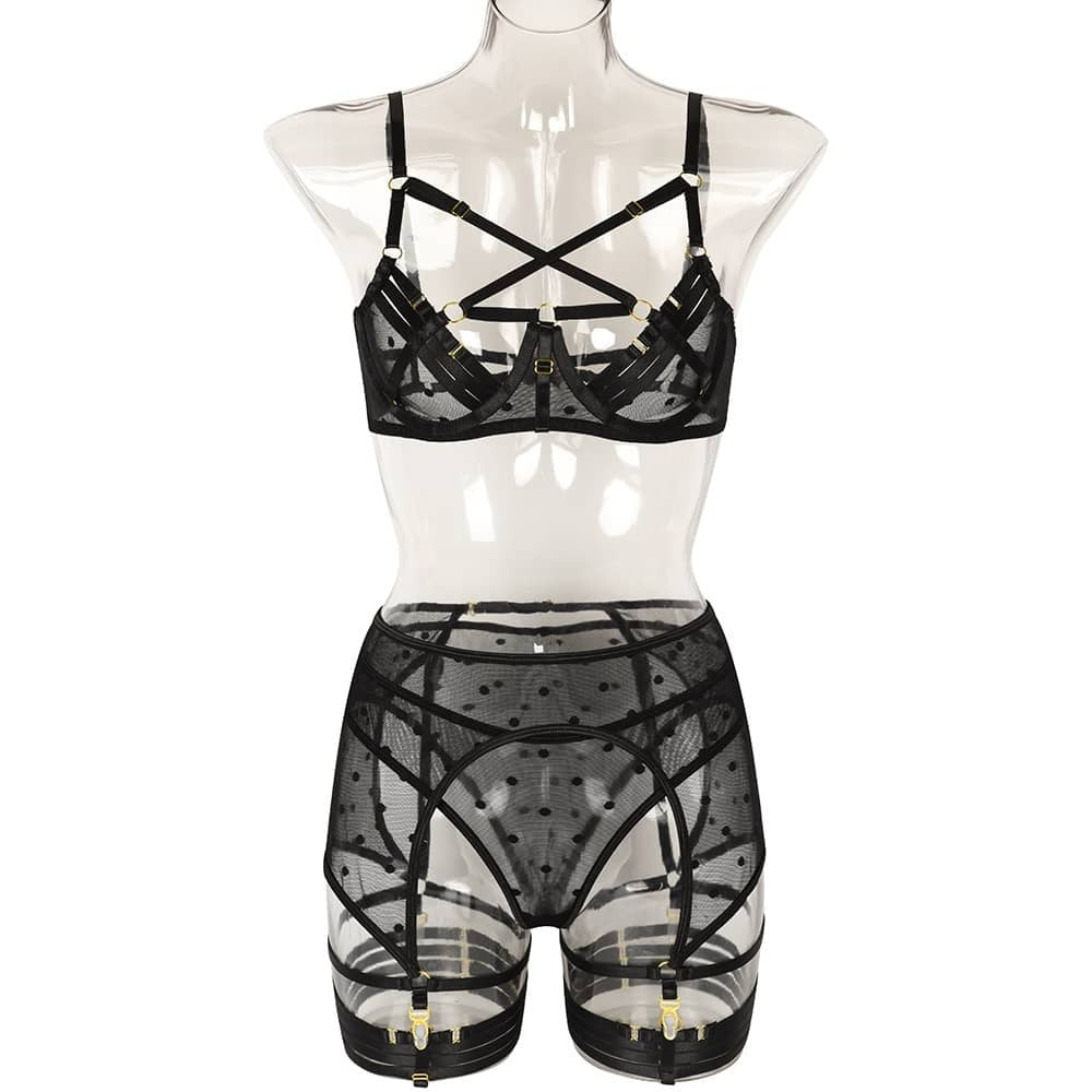 Sheer Mesh Polka Dot Bra Set