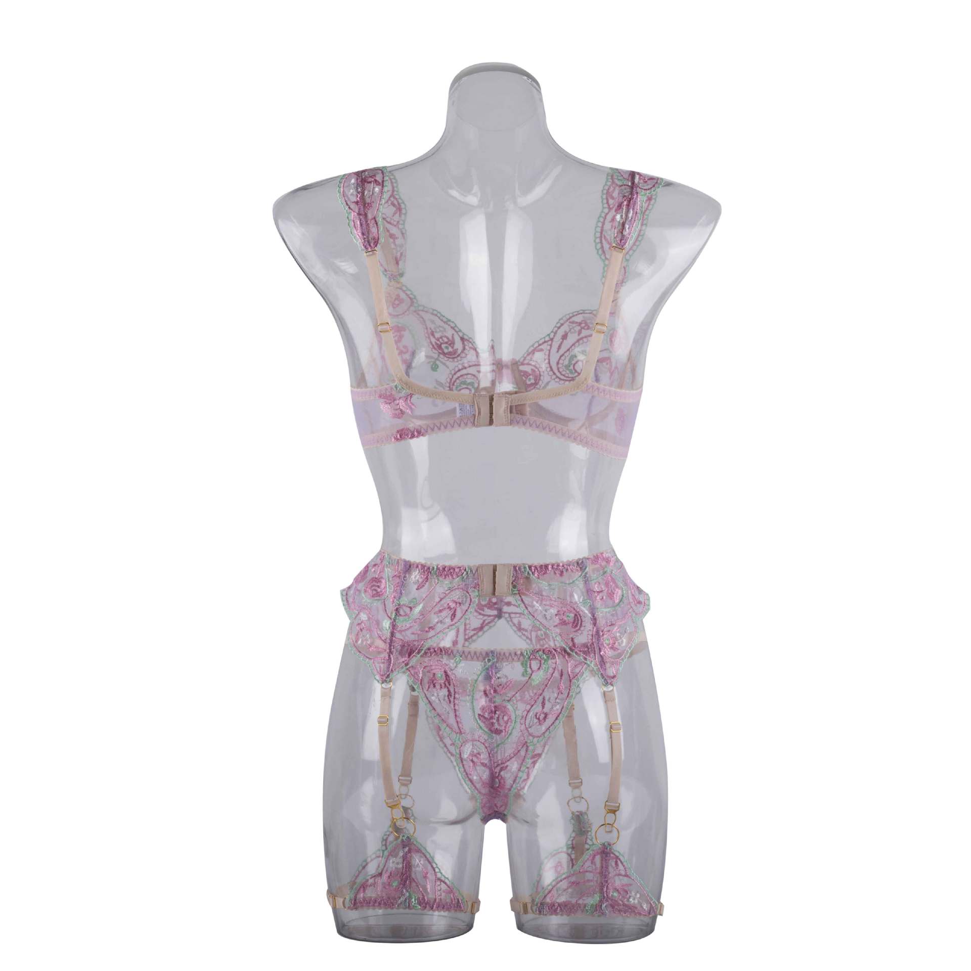 Sheer Mesh Sexy Lingerie Bra Set with Embroidered Flowers
