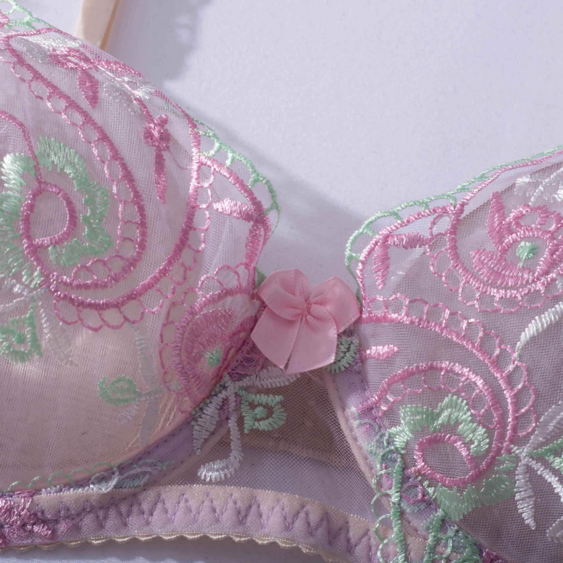 Sheer Mesh Sexy Lingerie Bra Set with Embroidered Flowers