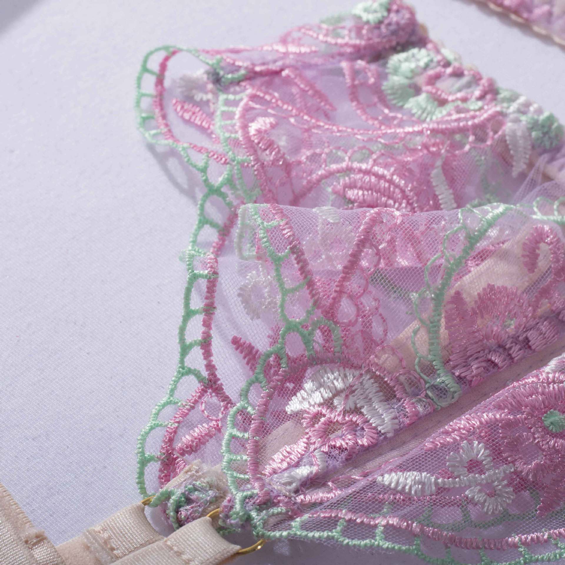 Sheer Mesh Sexy Lingerie Bra Set with Embroidered Flowers