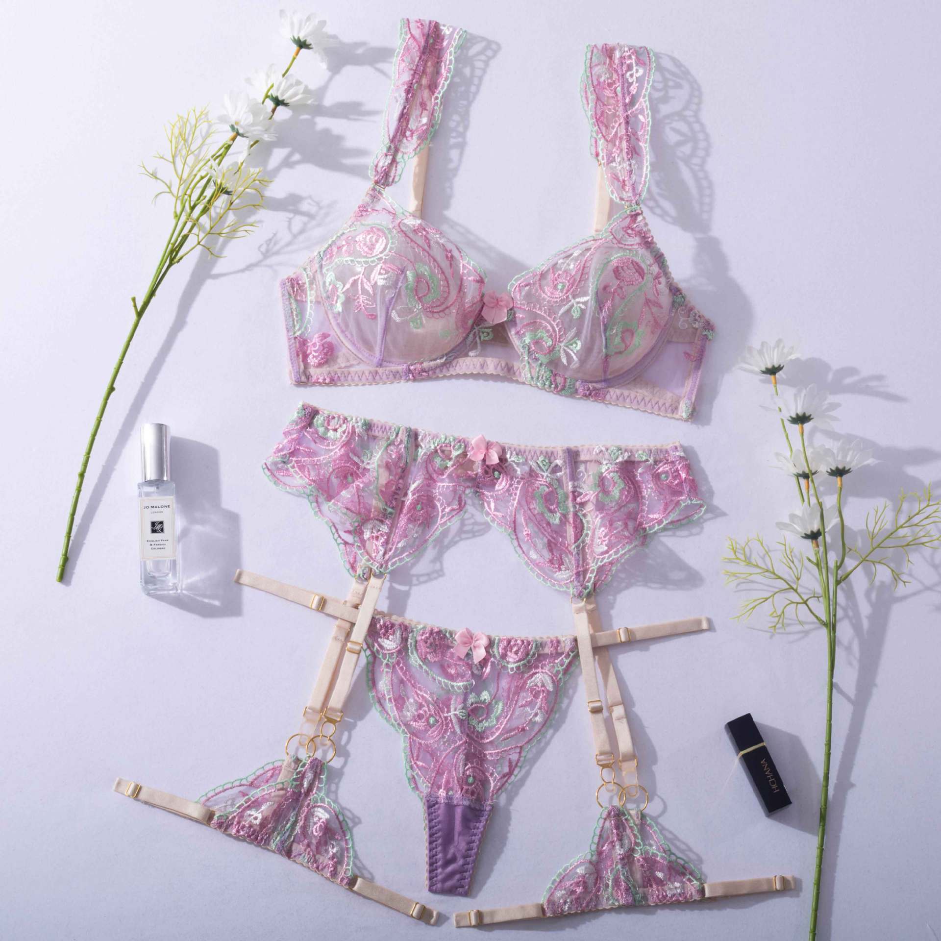 Sheer Mesh Sexy Lingerie Bra Set with Embroidered Flowers