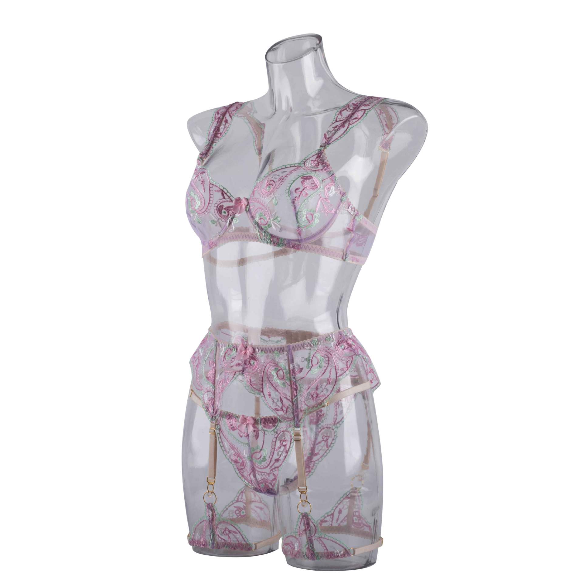 Sheer Mesh Sexy Lingerie Bra Set with Embroidered Flowers