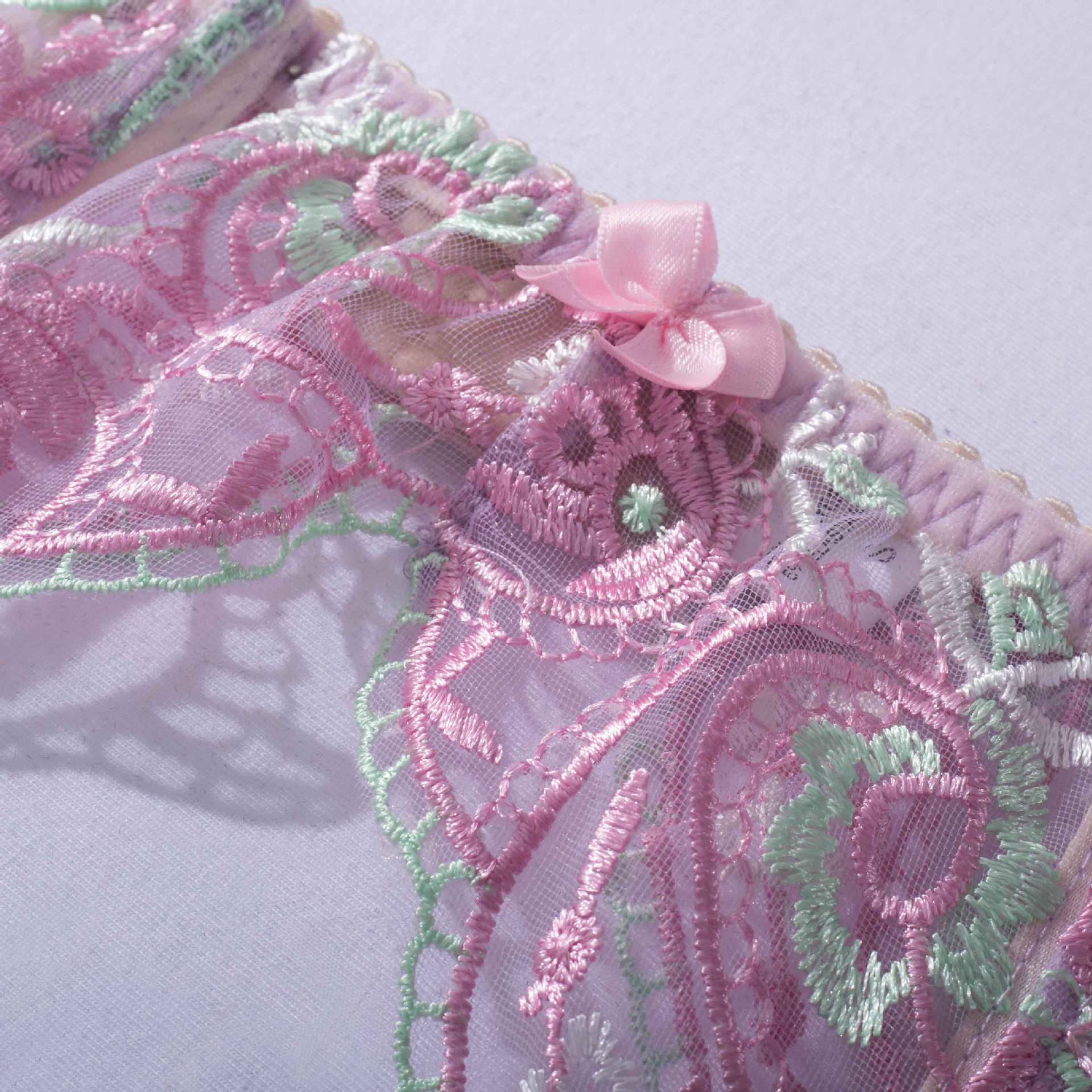 Sheer Mesh Sexy Lingerie Bra Set with Embroidered Flowers