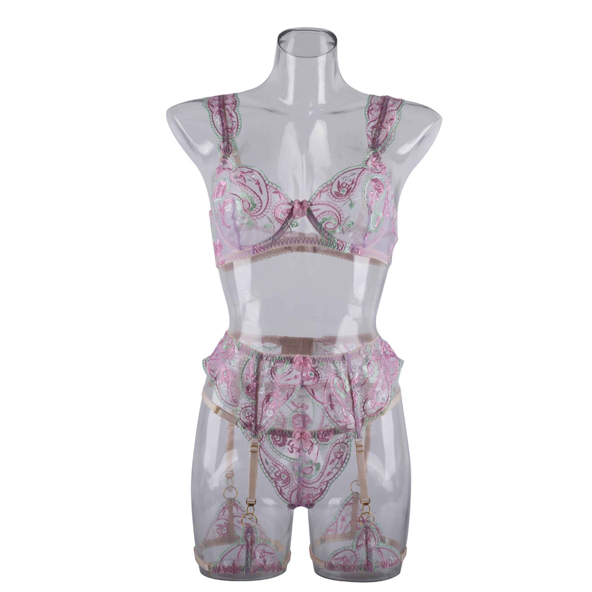 Sheer Mesh Sexy Lingerie Bra Set with Embroidered Flowers