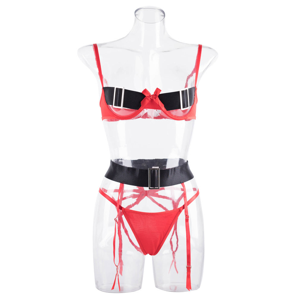 Stunning Christmas Cutout Bra Set with Bow and Wide Belt
