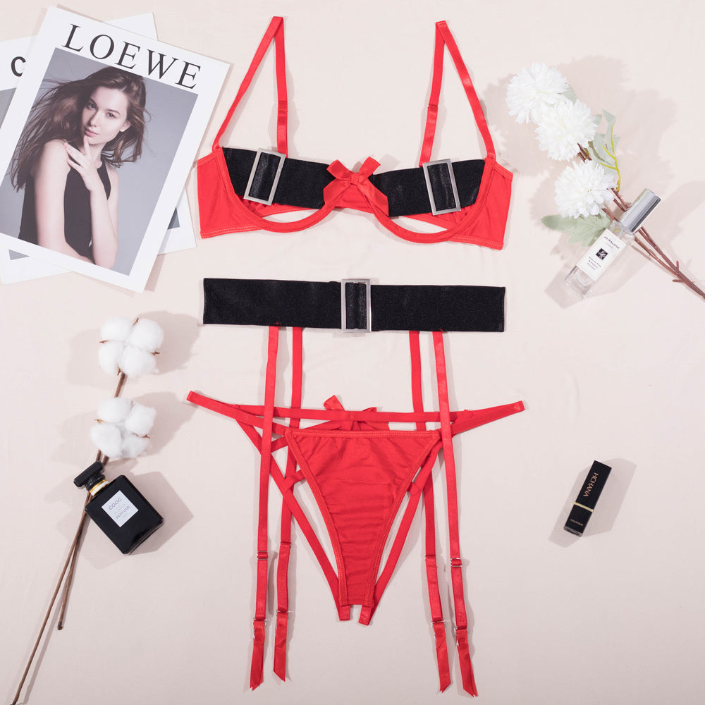 Stunning Christmas Cutout Bra Set with Bow and Wide Belt