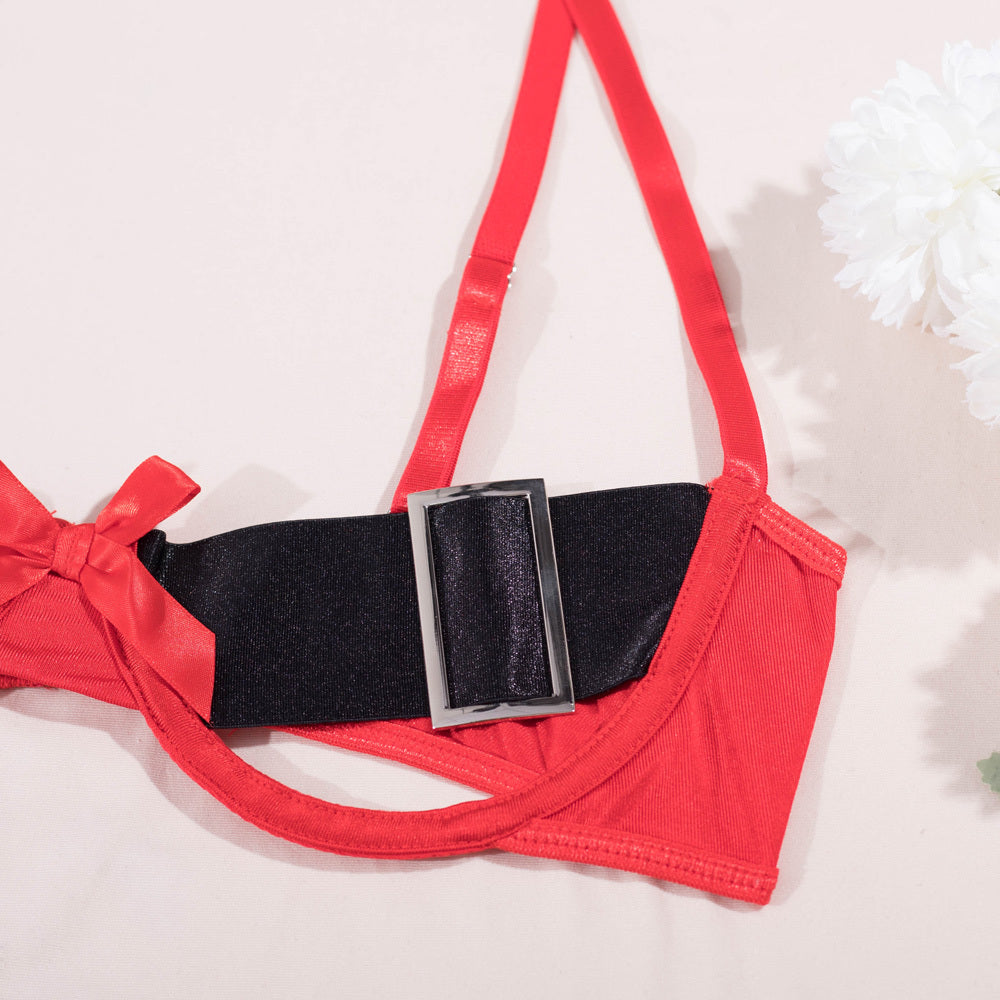 Stunning Christmas Cutout Bra Set with Bow and Wide Belt