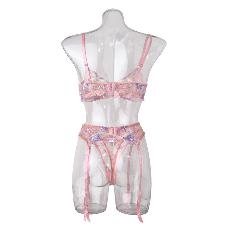 Stunning Sexy Bra and Panties Set with Purple Embroidery