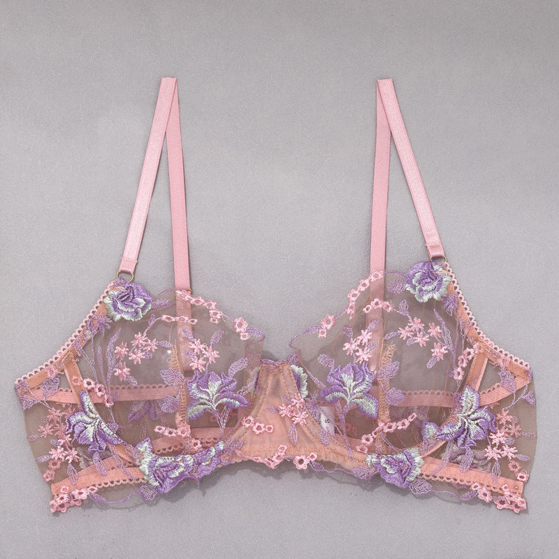 Stunning Sexy Bra and Panties Set with Purple Embroidery