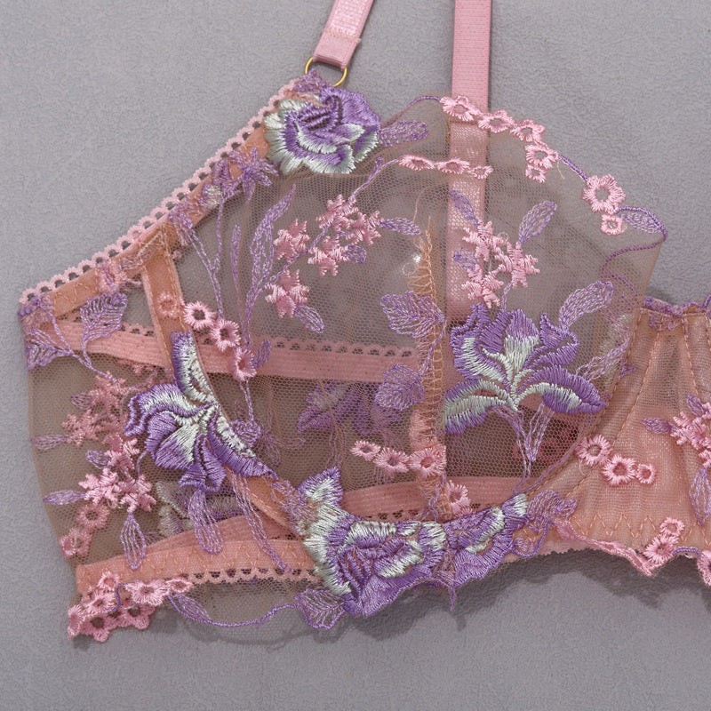 Stunning Sexy Bra and Panties Set with Purple Embroidery
