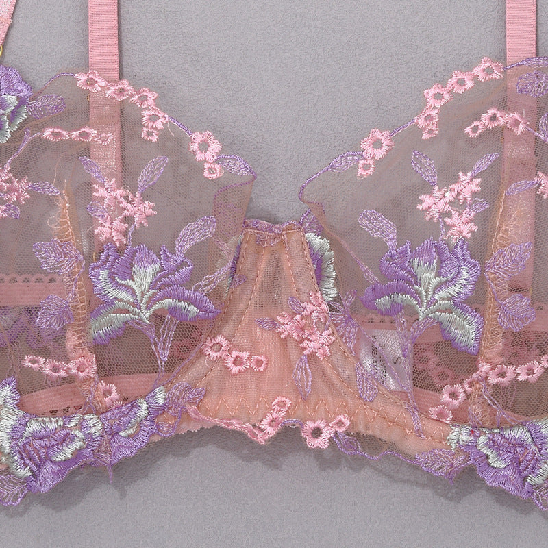 Stunning Sexy Bra and Panties Set with Purple Embroidery