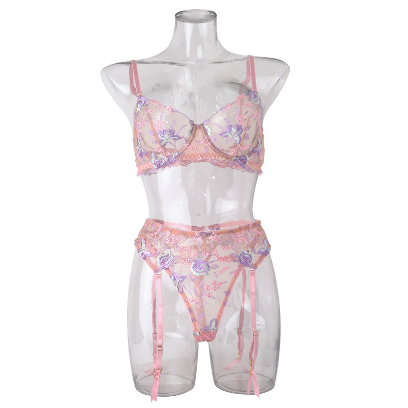 Stunning Sexy Bra and Panties Set with Purple Embroidery