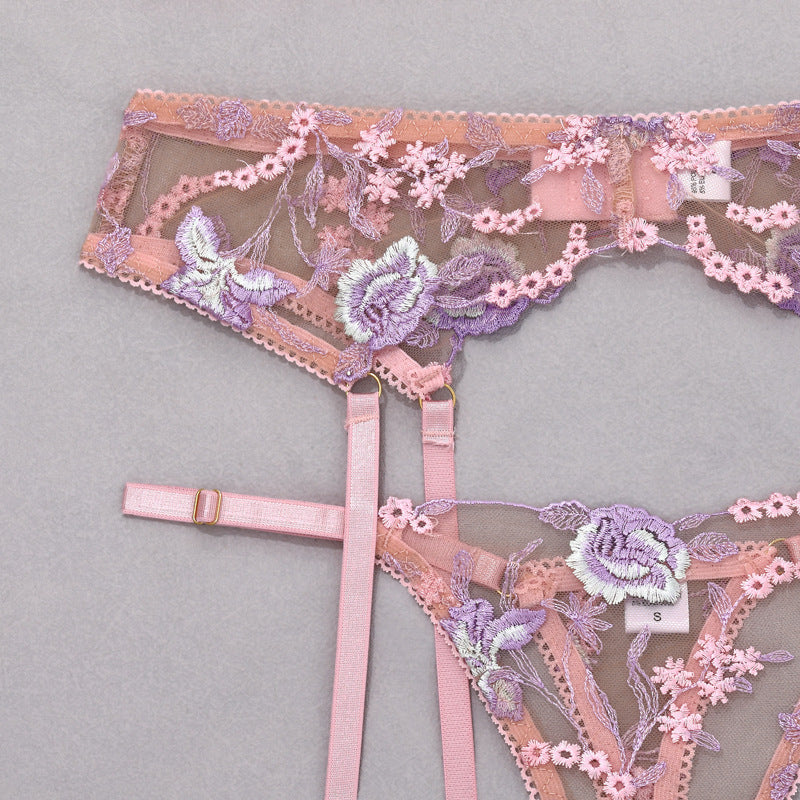 Stunning Sexy Bra and Panties Set with Purple Embroidery