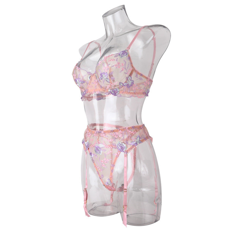 Stunning Sexy Bra and Panties Set with Purple Embroidery