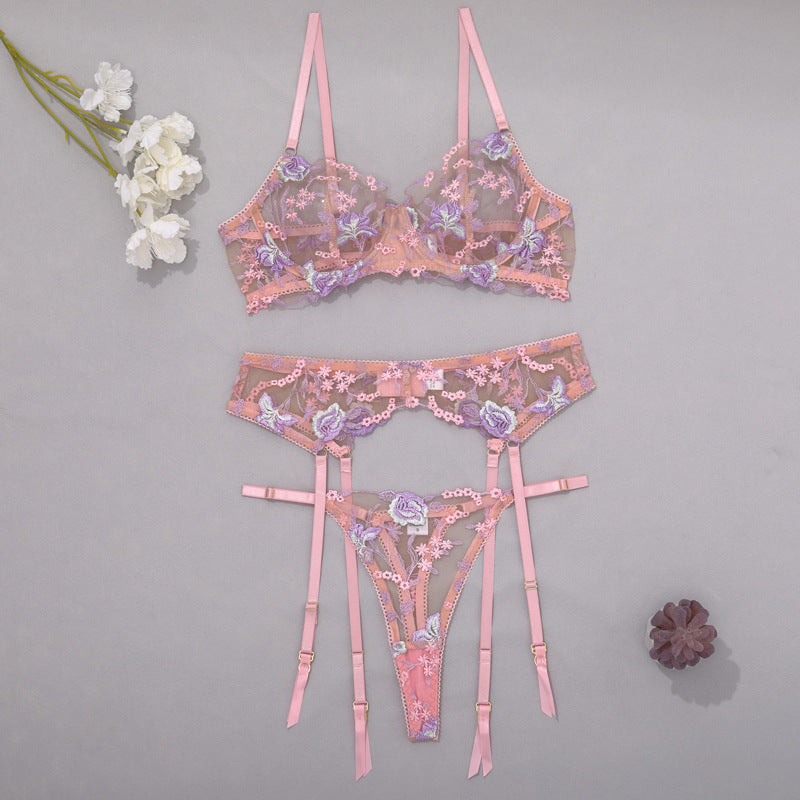Stunning Sexy Bra and Panties Set with Purple Embroidery