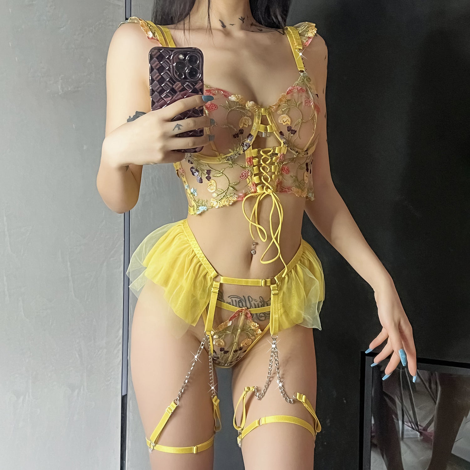Sunburst Floral Embroidered Lace Corset Set