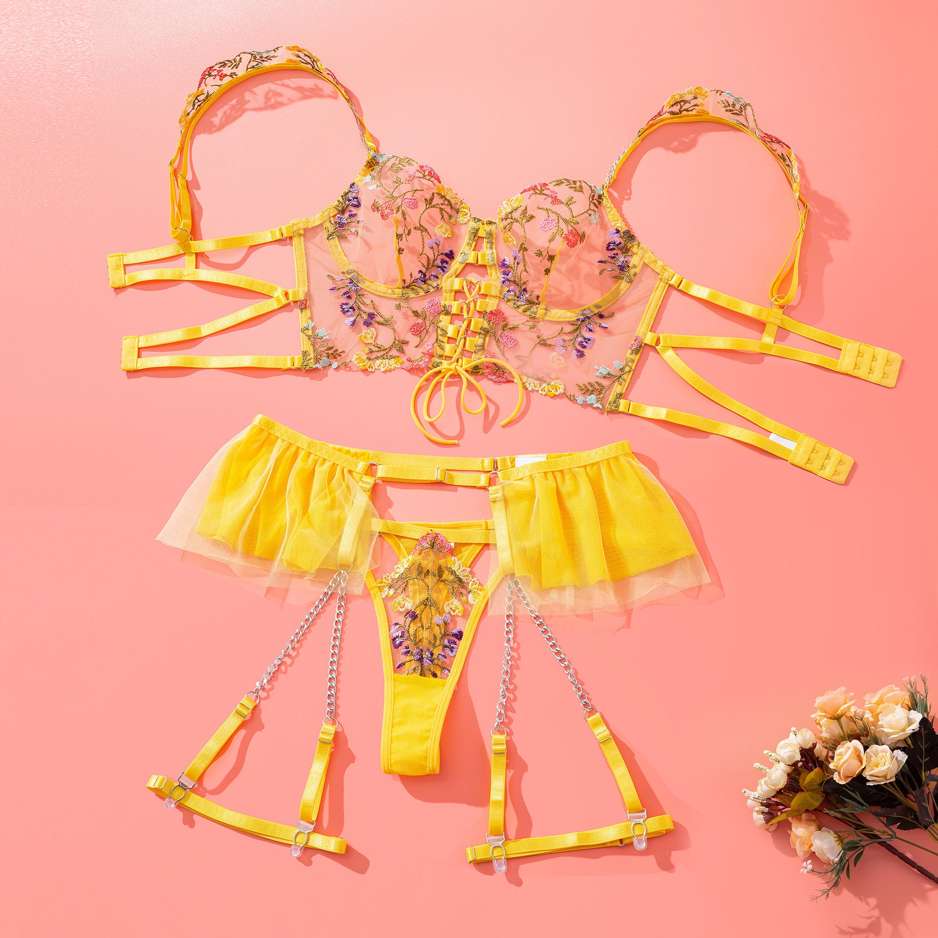 Sunburst Floral Embroidered Lace Corset Set