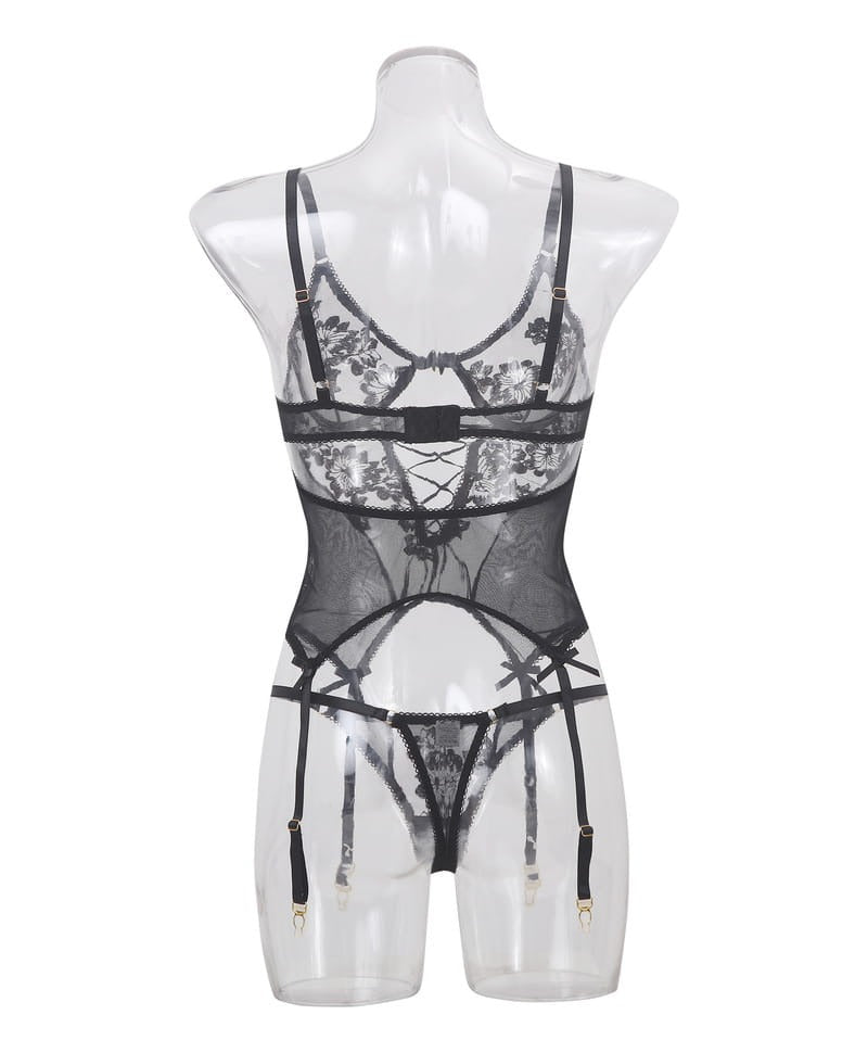 Transparent Mesh Floral Gartered Corset