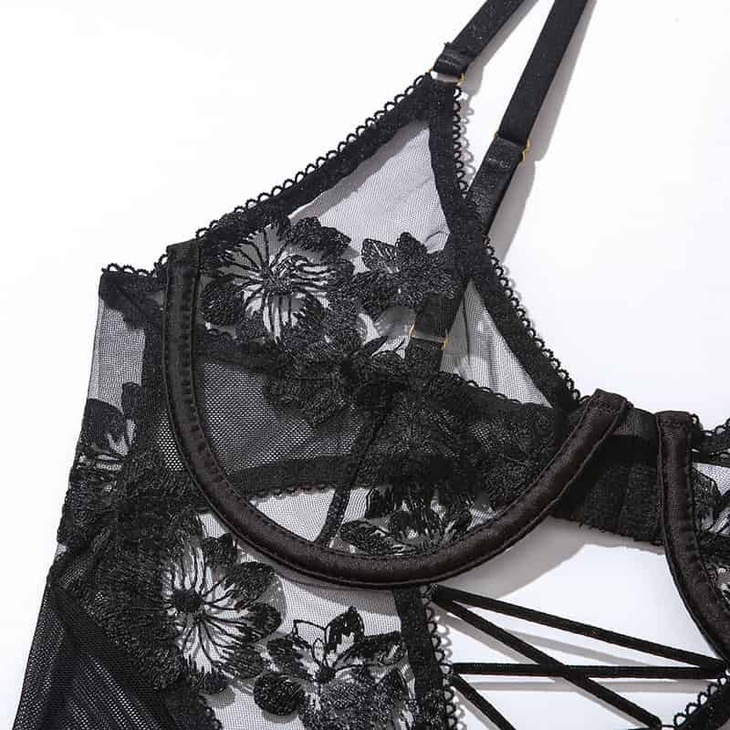 Transparent Mesh Floral Gartered Corset