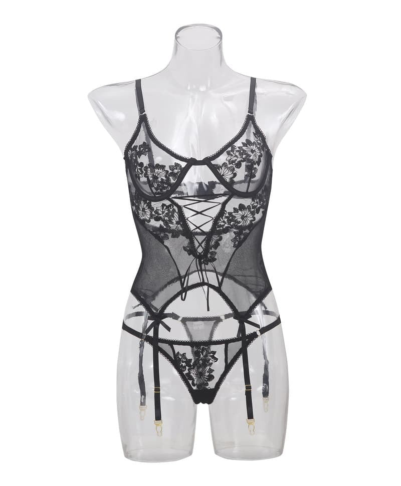 Transparent Mesh Floral Gartered Corset
