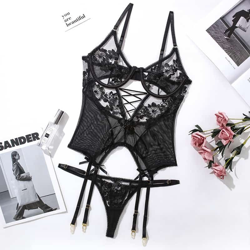 Transparent Mesh Floral Gartered Corset