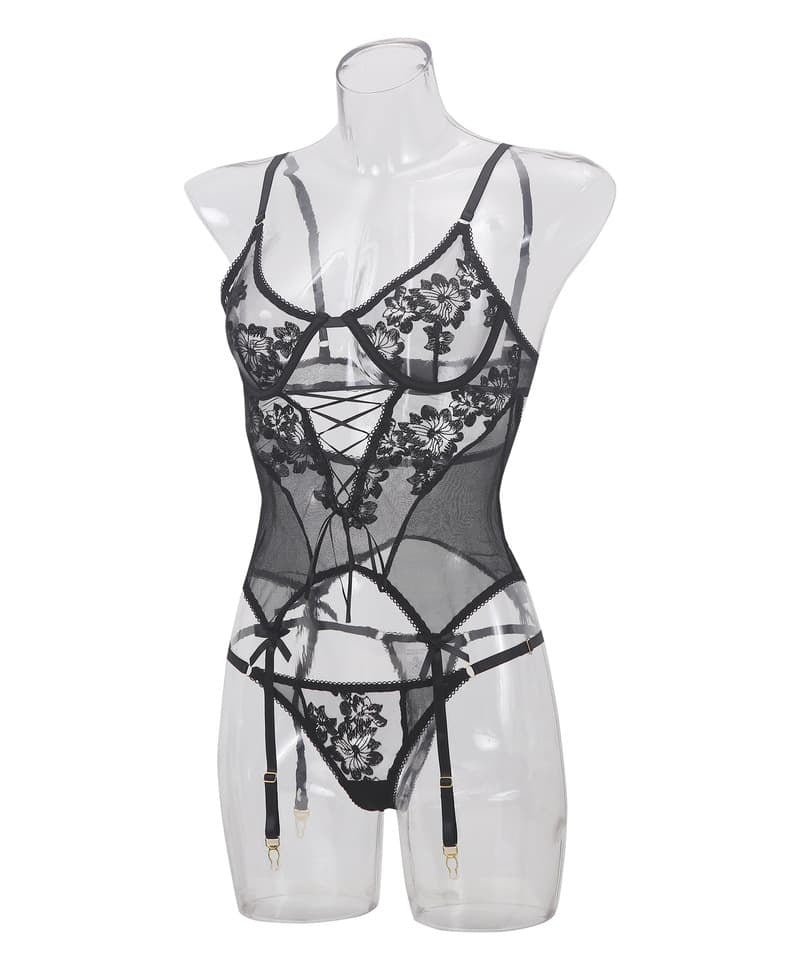 Transparent Mesh Floral Gartered Corset