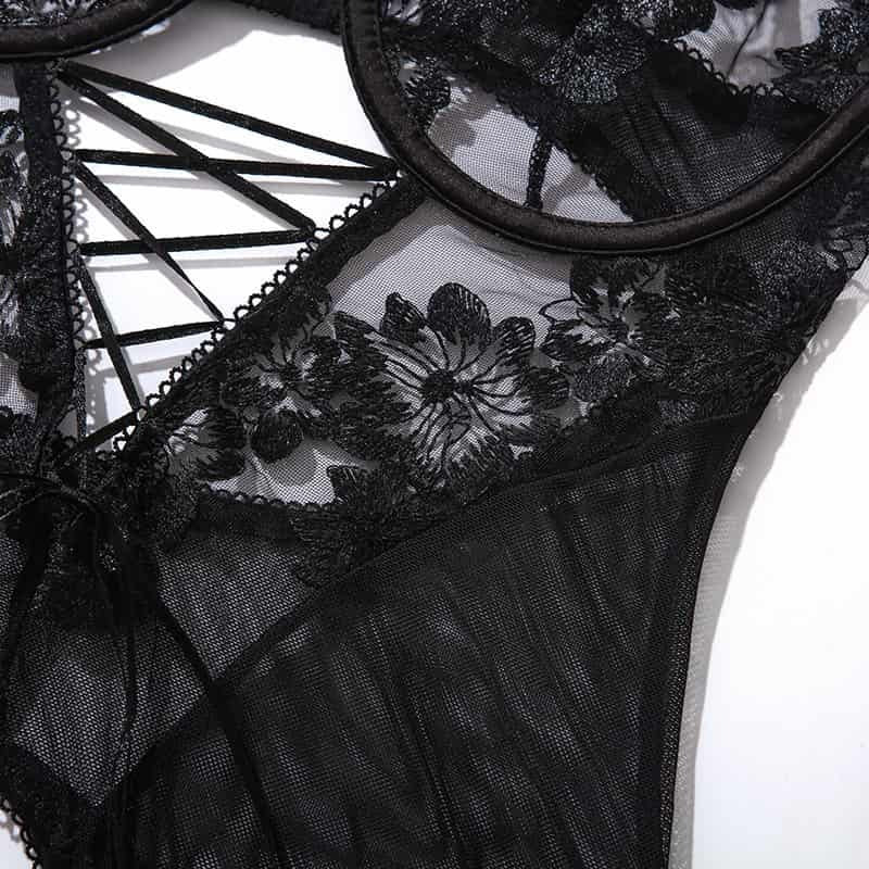 Transparent Mesh Floral Gartered Corset